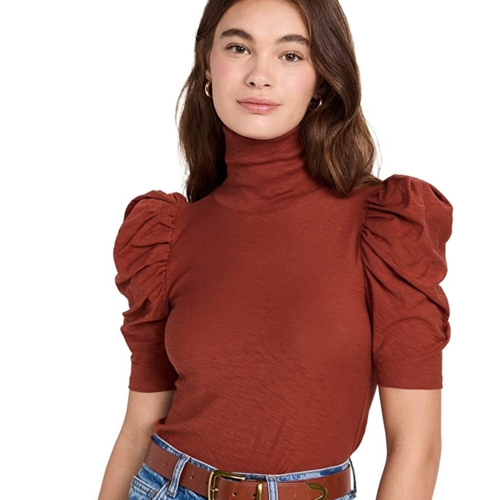 Nation LTD Rust Puff-Sleeve Turtleneck Top